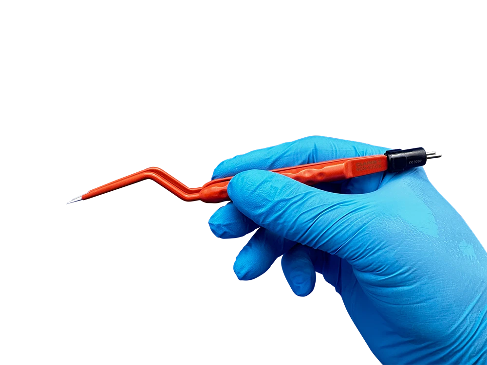 ACE Medical bayonet bipolar forceps part number 81460132 (165mm) shown in a gloved surgeon’s hand to demonstrate ergonomic grip, instrument length, and precision control for microsurgical and neurosurgical applications.