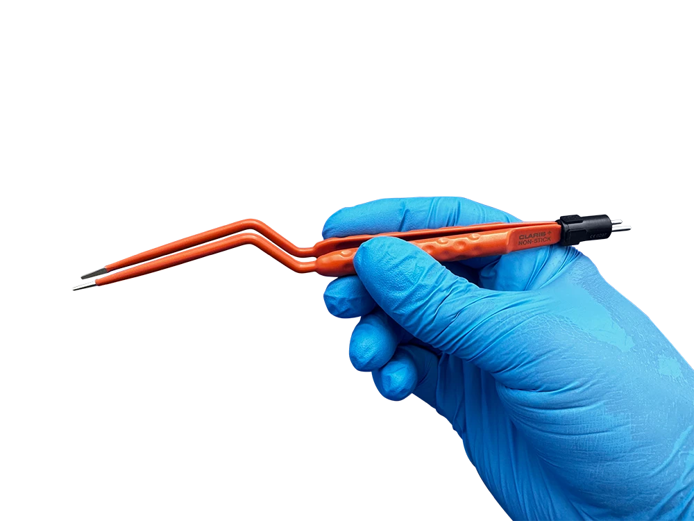 ACE Medical bayonet bipolar forceps part number 81460144 (185mm) shown in a gloved surgeon’s hand demonstrating ergonomic grip, balance, and instrument length for precision microsurgery and neurosurgical applications.