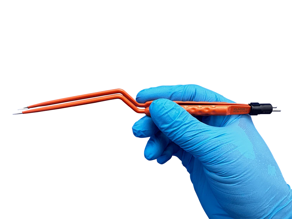 ACE Medical bayonet bipolar forceps part number 81460148 (210mm) shown in a gloved surgeon’s hand demonstrating ergonomic grip, balance, and instrument length for precision microsurgery and neurosurgical applications.