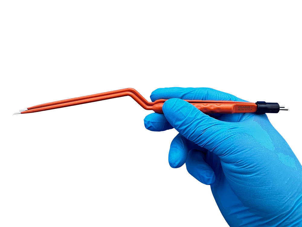 ACE Medical bayonet bipolar forceps part number 81460148 (235mm) shown in a gloved surgeon’s hand demonstrating ergonomic grip, balance, and instrument length for precision microsurgery and neurosurgical applications.