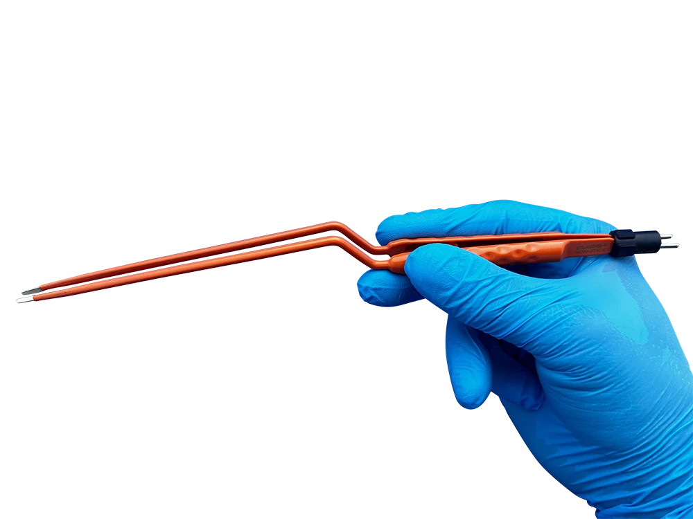 ACE Medical bayonet bipolar forceps part number 81460191 (260mm) shown in a gloved surgeon’s hand to demonstrate ergonomic grip, instrument length, and precision control for microsurgical and neurosurgical applications.