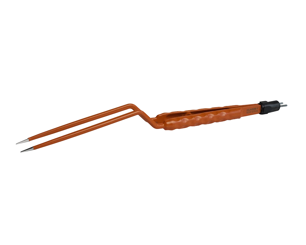 ACE Medical bayonet bipolar forceps part number 81460150 with solid silver non stick tips and insulated orange ergonomic handle, German manufactured for precision microsurgery, ENT, and neurosurgical applications.