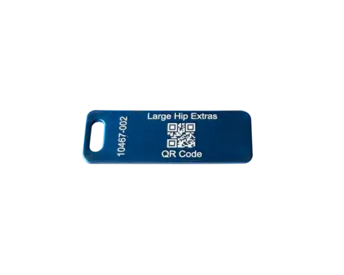 ACE Medical aluminum tray identification plate 200005, QR code aluminum tray identification plate, product close-up on the aluminum ID plate for sterile processing and surgical instrument tray tracking.