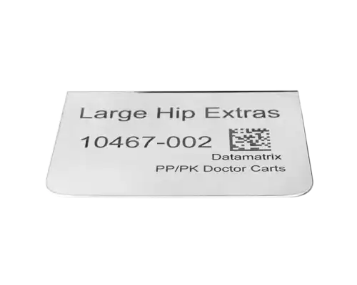 ACE Medical 2D Datamatrix engraved stainless steel basket ID tag, product close-up view, for sterile processing and surgical basket identification.