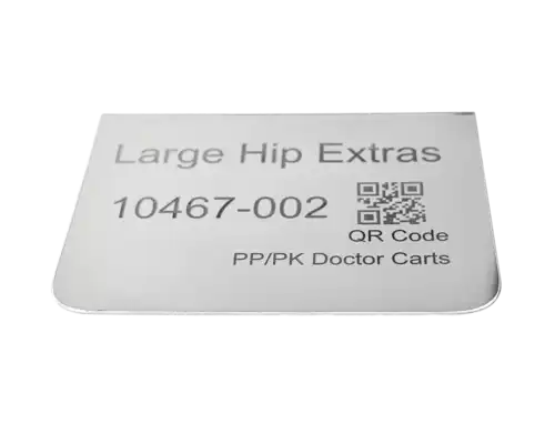 ACE Medical QR code engraved stainless steel basket tag, product close-up view, for sterile processing and surgical basket identification.