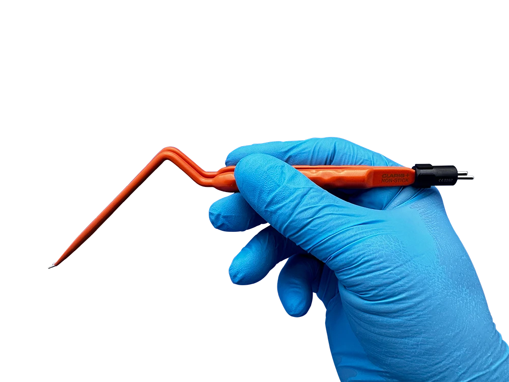 ACE Medical mis bipolar forceps 81470020 with silver tip non-stick solid silver tips shown in the surgeon's hand for minimally invasive bipolar coagulation.