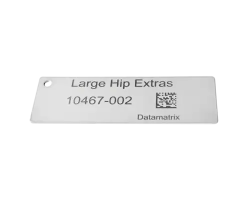 ACE Medical stainless steel tray ID plate 2000073, Engraved Human Readable with None, 90 x 30 mm, designed for sterile processing and surgical instrument tray identification. Rectangle ID Tag