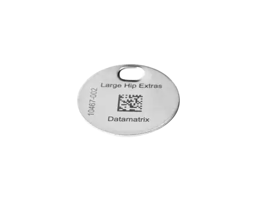 ACE Medical tray identification plate 2000074, 2D Datamatrix stainless steel tray ID plate, product close-up. Round ID Tag