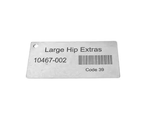 ACE Medical stainless steel tray ID plate 2000077M, Barcode 39 variant with None, 82 x 40 mm, for sterile processing and surgical instrument tray identification.