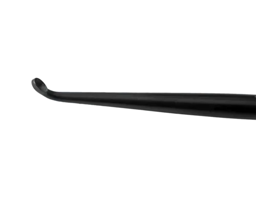 Bruns (Epstein) bone curette 90-055-18/92B, angled up, 1.8 mm cup, 8 inch, tip close up, Wiggins Medical