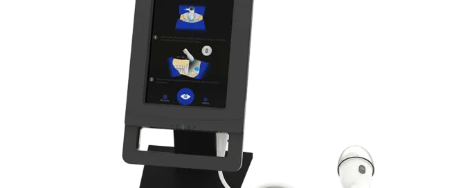 Portable 3D bladder scanner on compact desktop stand with 3D ultrasound probe for non-invasive bladder volume and PVR measurement postoperative urinary retention management