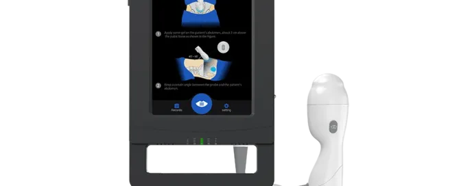 Portable 3D bladder scanner front view showing 10.3-inch touchscreen interface with 3D ultrasound probe for bladder volume measurement