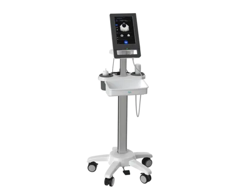 Portable 3D bladder scanner mounted on rolling cart stand with touchscreen display and 3D ultrasound probe for non-invasive bladder volume measurement