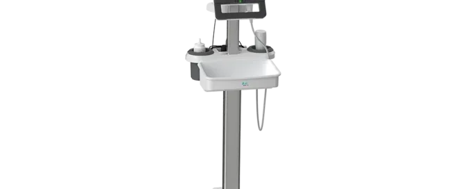 Portable 3D bladder scanner mounted on rolling cart stand with touchscreen display and 3D ultrasound probe for non-invasive bladder volume measurement
